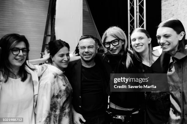 Alberto Zambelli & Models are seen after backstage of the Alberto Zambelli show during Milan Fashion Week Spring/Summer 2018 on September 20, 2017 in...