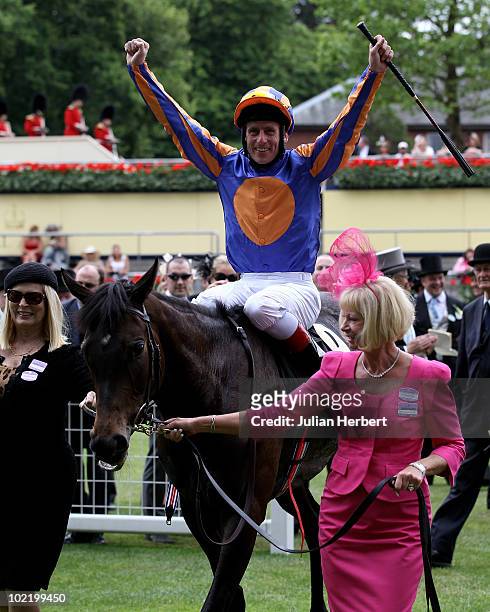 Johnny Murtagh and Lillie Langtry is lead back in by Mrs Gai Smith after landing The Coronation Stakes run on the 4th Day of Royal Ascot at Ascot...