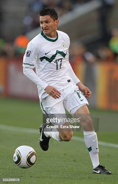 Andraz Kirm of Slovenia runs with the ball during the 2010 FIFA World Cup South Africa Group C match between Slovenia and USA at Ellis Park Stadium...