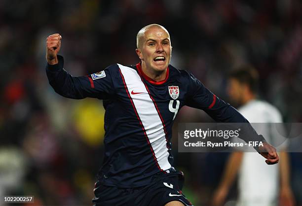 Michael Bradley of the United States celebrates scoring his team's second goal during the 2010 FIFA World Cup South Africa Group C match between...