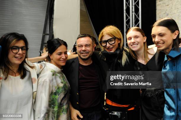 Alberto Zambelli & Models are seen after the show backstage of the Alberto Zambelli show during Milan Fashion Week Spring/Summer 2018 on September...