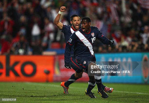 Maurice Edu of the United States celebrates before realising that his goal is disallowed during the 2010 FIFA World Cup South Africa Group C match...
