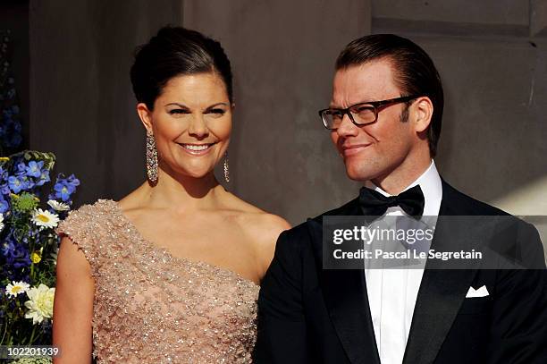 Princess Victoria and fiance Daniel Westling arrive for the Government Pre-Wedding Dinner for Crown Princess Victoria of Sweden and Daniel Westling...