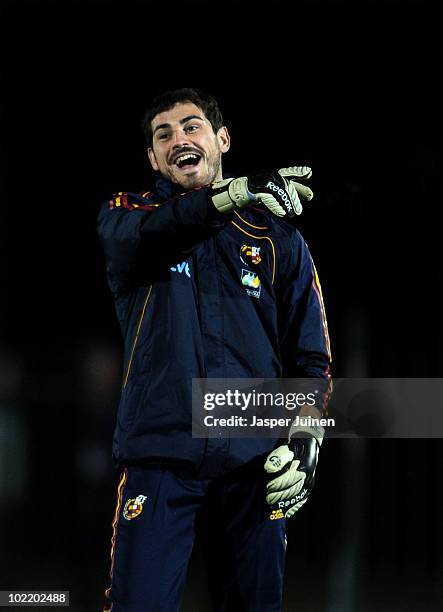 Goalkeeper Iker Casillas of Spain laughs during a training session on June 18, 2010 in Potchefstroom, South Africa.