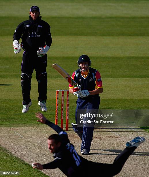 Yorkshire batsman Jonathan Bairstow looks on in disbelief as Ian Blackwell takes a spectacular catch as Phil Mustard looks on during the Friends...