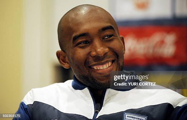 Hondura's player Jerry Palacios smiles during a press conference in Johannesburg, on June 18, 2010. Honduras will face Spain next June 21 on their...