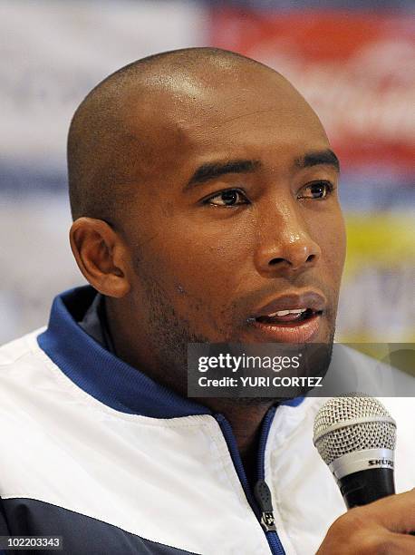 Hondura's football player Jerry Palacios speaks during a press conference in Johannesburg, on June 18, 2010. Honduras will face Spain next June 21 on...