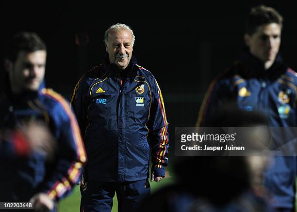 Head coach Vicente del Bosque of Spain smiles during a training session on June 18, 2010 in Potchefstroom, South Africa.