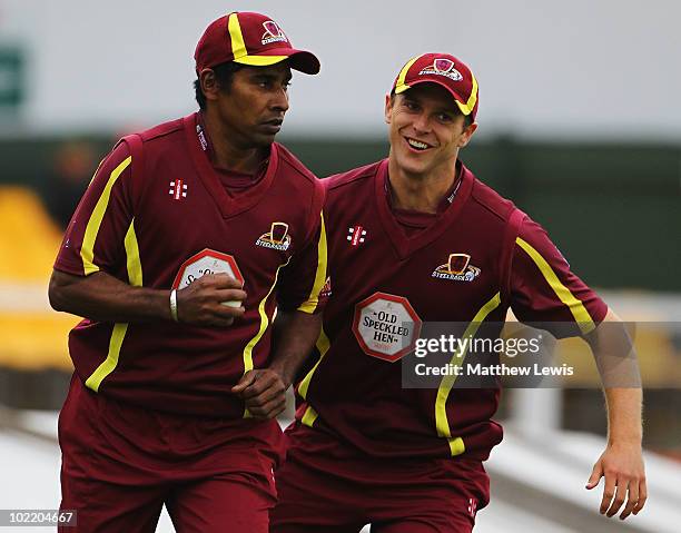 Lee Daggett of Northamptonshire congratulates Chaminda Vaas, after he caught James Taylor of Leicestershire during the Friends Provident T20 match...