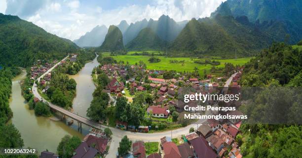 aerial view from vang vieng laos - vang vieng stock-fotos und bilder