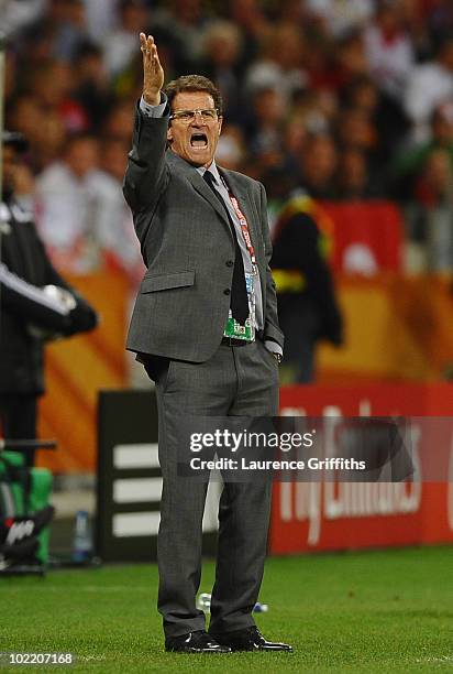 Fabio Capello manager of England shouts instructions to his team during the 2010 FIFA World Cup South Africa Group C match between England and...