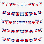 British bunting set with UK flags. Great Britain flags garland. Union Jack decoration for celebrate, party or festival. Vector illustration.