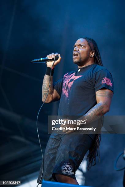 Derrick Green of Sepultura performing on stage at Hellfest Festival on June 18, 2010 in Clisson, France.