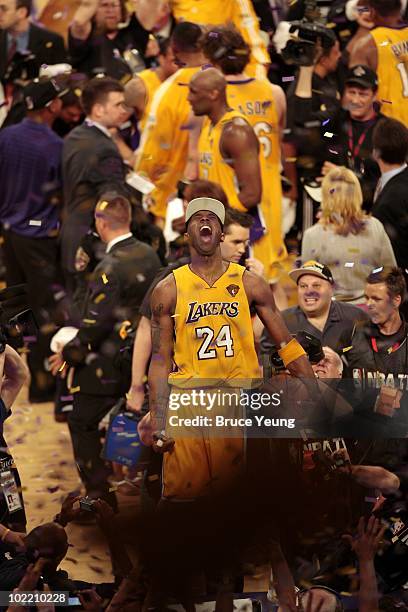 Kobe Bryant of the Los Angeles Lakers celebrates after defeating the Boston Celtics in Game Seven of the 2010 NBA Finals at Staples Center on June...