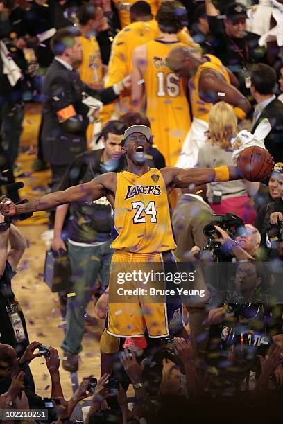 Kobe Bryant of the Los Angeles Lakers celebrates after defeating the Boston Celtics in Game Seven of the 2010 NBA Finals at Staples Center on June...