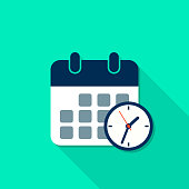 Calendar and Clock reminder icon with long shadow in flat style. Vector isolated illustration