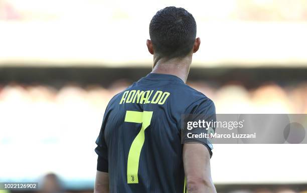 Cristiano Ronaldo of Juventus FC looks on during the Serie A match between Chievo Verona and Juventus at Stadio Marc'Antonio Bentegodi on August 18,...