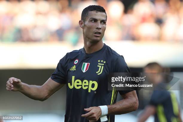 Cristiano Ronaldo of Juventus FC looks on during the Serie A match between Chievo Verona and Juventus at Stadio Marc'Antonio Bentegodi on August 18,...