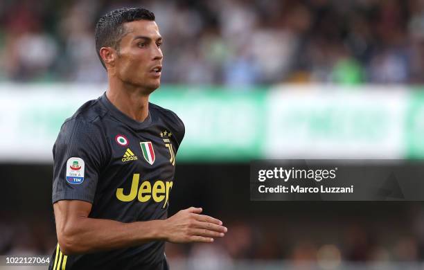 Cristiano Ronaldo of Juventus FC looks on during the Serie A match between Chievo Verona and Juventus at Stadio Marc'Antonio Bentegodi on August 18,...