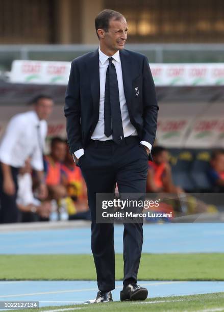 Juventus FC coach Massimiliano Allegri watches the action during the Serie A match between Chievo Verona and Juventus at Stadio Marc'Antonio...