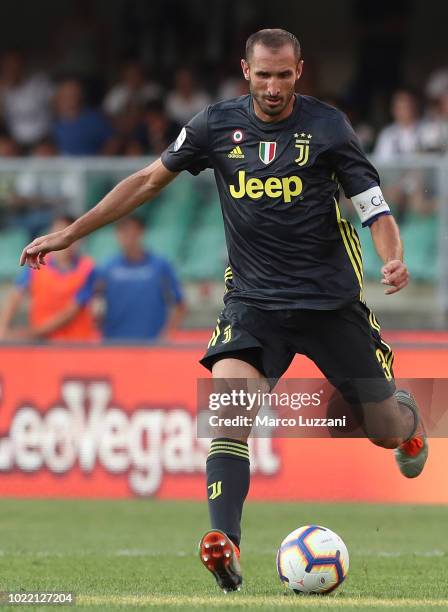 Giorgio Chiellini of Juventus FC in action during the Serie A match between Chievo Verona and Juventus at Stadio Marc'Antonio Bentegodi on August 18,...