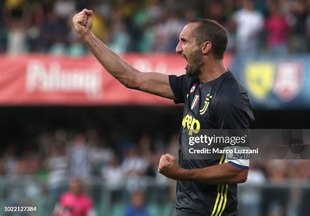 Giorgio Chiellini of Juventus FC gestures during the Serie A match between Chievo Verona and Juventus at Stadio Marc'Antonio Bentegodi on August 18,...