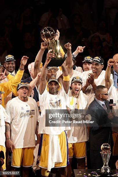 Finals: Los Angeles Lakers Kobe Bryant victorious with trophy after winning Game 7 and championship series vs Boston Celtics, Los Angeles, CA...