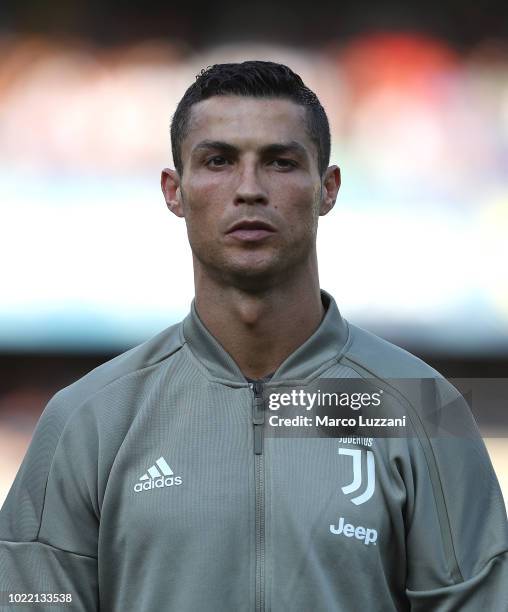 Cristiano Ronaldo of Juventus FC looks on before the Serie A match between Chievo Verona and Juventus at Stadio Marc'Antonio Bentegodi on August 18,...