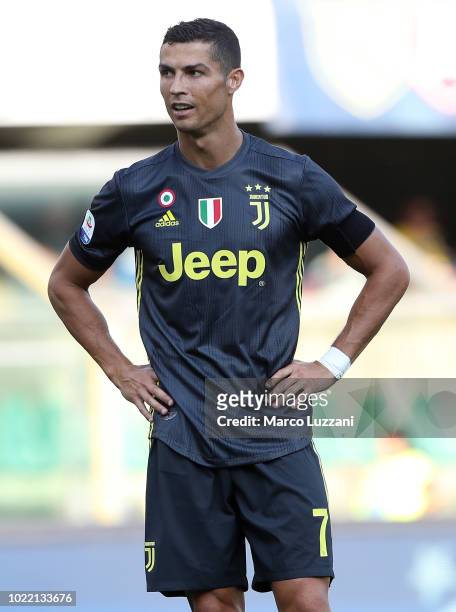 Cristiano Ronaldo of Juventus FC looks on during the Serie A match between Chievo Verona and Juventus at Stadio Marc'Antonio Bentegodi on August 18,...