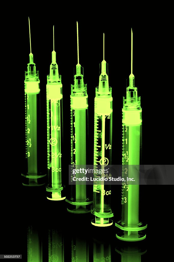 Close up of medical syringes. 