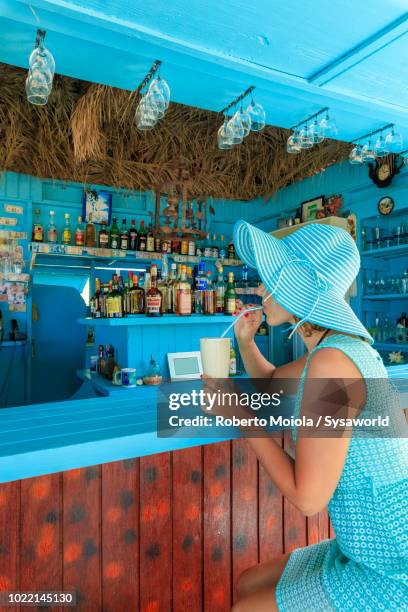woman with hat and charming dress drinks a fresh fruit cocktail at the beach bar, long bay, antigua - shack stock pictures, royalty-free photos & images