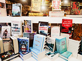 Display of contemporary fiction books in store window