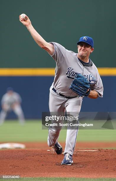 Brian Bannister of the Kansas City Royals pitches against the Atlanta Braves at Turner Field on June 18, 2010 in Atlanta, Georgia. The Braves...