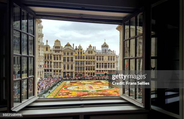 a room with a view, flower carpet, grand place, brussels, belgium - grand-place-de-bruxelles photos et images de collection