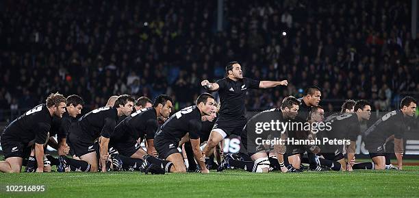 Piri Weepu of the All Blacks leads the haka before the First Test match between the New Zealand All Blacks and Wales at Carisbrook on June 19, 2010...