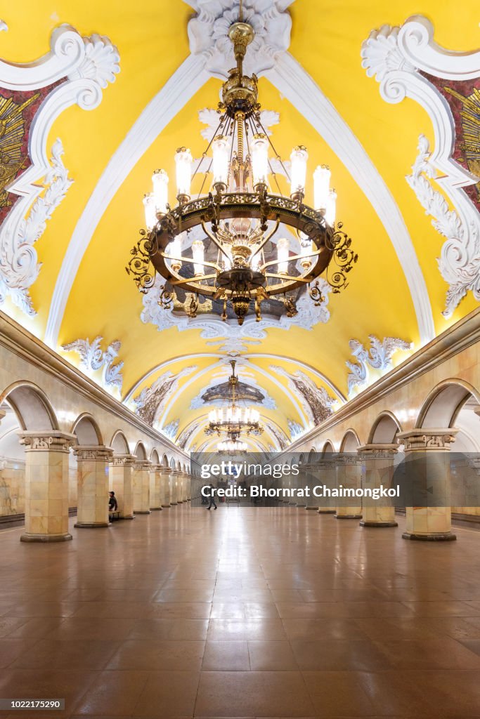 Interior design of the Komsomolskaya metro station in Moscow, Russia.