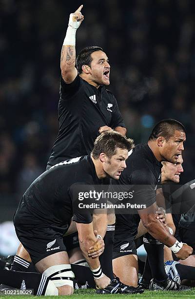 Piri Weepu of the All Blacks leads the haka before the First Test match between the New Zealand All Blacks and Wales at Carisbrook on June 19, 2010...