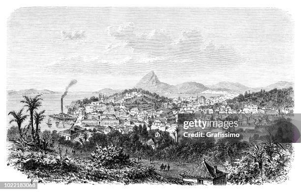 rio de janeiro brazil with sugarloaf mountain and botafogo bay 1876 - rio de janeiro aerial view stock illustrations