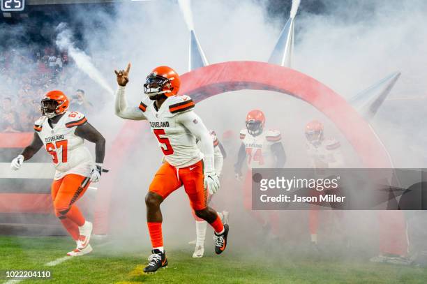 Quarter back Tyrod Taylor of the Cleveland Browns runs onto the field during player introductions prior to a preseason game against the Philadelphia...
