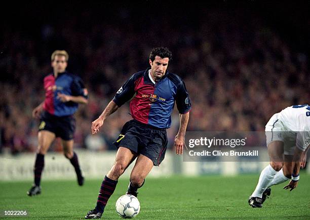 Luis Figo of Barcelona in action during the UEFA Champions League quarter-final second leg against Chelsea at the Nou Camp in Barcelona, Spain....