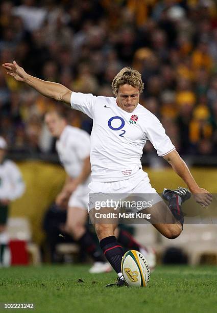 Jonny Wilkinson of England takes a penalty kick during the Cook Cup Test Match between the Australian Wallabies and England at ANZ Stadium on June...