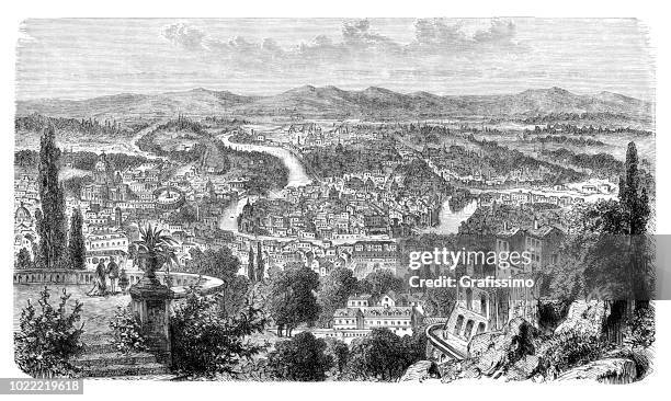 aerial view of rome with tiber river italy 1878 - capitol rome stock illustrations