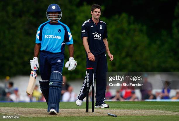 England bowler James Anderson looks on after bowling Scotland batsman Majid Haq during the One day international match between Scotland and England...