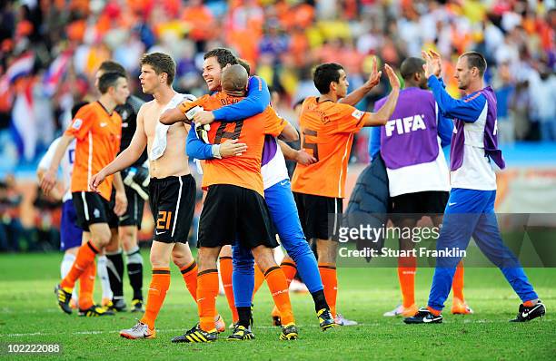 The Netherlands team celebrate victory in the 2010 FIFA World Cup South Africa Group E match between Netherlands and Japan at Durban Stadium on June...