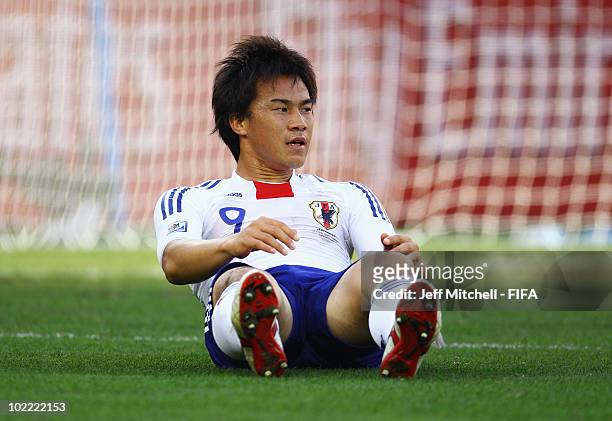 Shinji Okazaki of Japan reacts during the 2010 FIFA World Cup South Africa Group E match between Netherlands and Japan at Durban Stadium on June 19,...