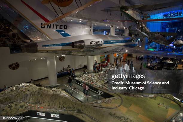 View of the Transportation Gallery at the Museum of Science and Industry, Chicago, Illinois, October 15, 2016. A number of aircraft, including a...