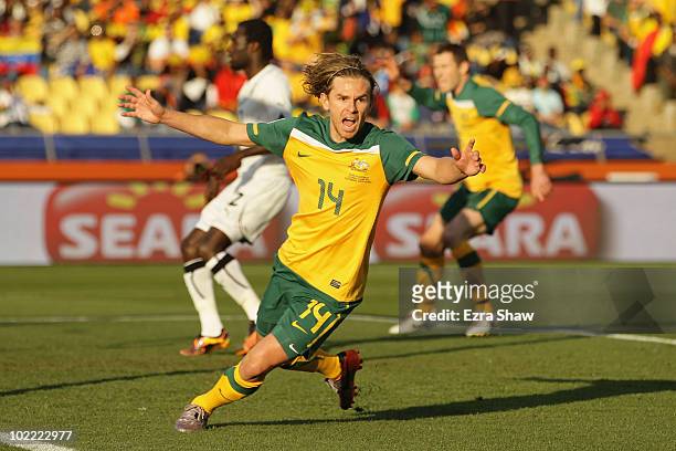 Brett Holman of Australia celebrates after scoring the opening goal during the 2010 FIFA World Cup South Africa Group D match between Ghana and...