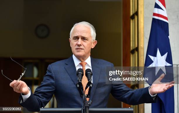 Australia's outgoing Prime Minister Malcolm Turnbull gestures at a press conference after a party meeting in Canberra on August 24, 2018. - Scott...