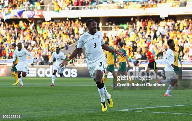 Asamoah Gyan of Ghana celebrates scoring a penalty during the 2010 FIFA World Cup South Africa Group D match between Ghana and Australia at the Royal...