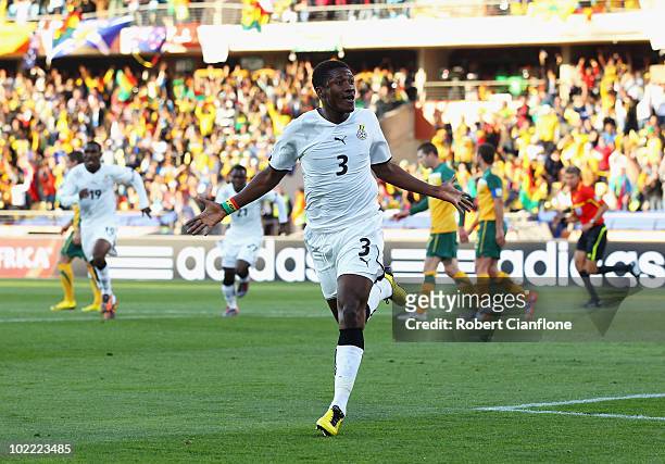 Asamoah Gyan of Ghana celebrates scoring a penalty during the 2010 FIFA World Cup South Africa Group D match between Ghana and Australia at the Royal...